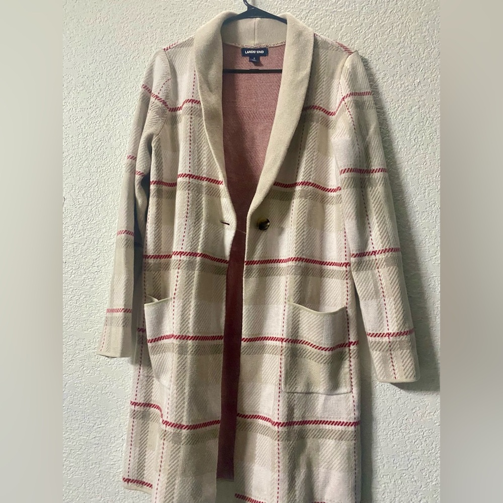 Lands' End Women's Checkered Cardigan - Beige and Red - Picture 4 of 9
